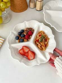 1pc European Style Petal Embossed Ceramic 3-Compartment Plate, Home Use Light Meal Portion Control Divided Plate, Western Pasta Fruit Nut Snack Dessert Dish - White - View 1