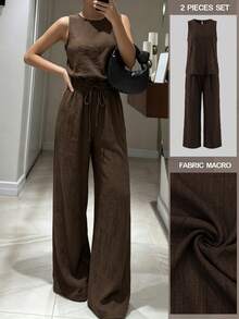 Women's Sleeveless Pleated Drawstring Wide Leg Pants 2 Pieces Set, Dark Coffee Color, Minimalist Relaxed Fit For Daily And Commute Wear, Spring/Summer Elegant - Dark Brown - View 6