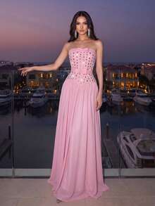 New Pink Sexy Sleeveless Backless Heavy Rhinestone Bow Mesh Patchwork Bandage Long Dress, Elegant Women's Formal Evening Gown - Pink - View 2