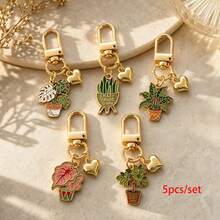 1pc/5pcs Unisex Alloy Oil Drop Bonsai Plant Pendant Keychain 3D Heart Charm Plant Series Bag Accessory,Bag Charms - Multicolor - View 2