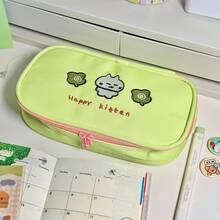 Japanese Style Fresh Cat Embroidery Pencil Case, Light Green And Soft Pink Dual Color Options, Cat And Clover Embroidery With Contrast Color, Soft And Healing. Large Capacity Multi-Compartment Design, Can Store Stationery, Cosmetics And Cards/Cameras, Dual Zipper Opening Convenient, Durable And Wear-Resistant Fabric, Suitable For Student Learning, Daily Makeup And More, Fresh And Practical Good Item. - Single Piece - View 4