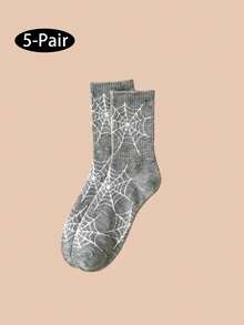 5 Pairs Women's Multi-Color Halloween Series Mid-Calf Socks, Pumpkin, Ghost, Bat, Spider Web Knitted Soft Socks, Suitable For Party And Daily Wear, Essential Gift For Friends - Multicolor - View 14