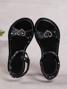Cute Girls' Black Polka Dot Sandals With Heart-Shaped Rhinestone Decor, Elastic Ankle Strap, Open Toe, Children's Summer Party & Daily Shoes - Black - View 5