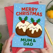 1 Greeting Card + 1 Envelope Adorable Christmas Greeting Card, Cute Pudding Couple Design Merry Christmas, Perfect For Parents, Festive Holiday Cartoon Style Card. - Single Piece - View 12