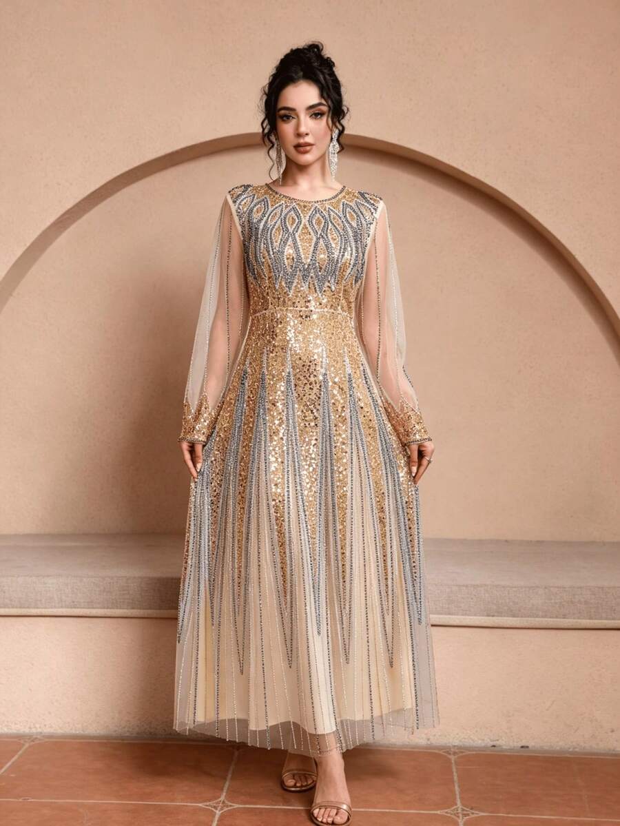 JINLICX Elegant Champagne Beaded Formal Party Gown - Apricot - View 1