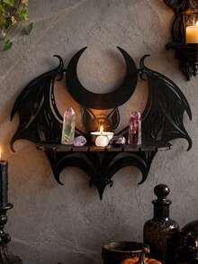 1pc Bohemian Style Bat Wing Shaped Wall Shelf, Crescent Design, Gothic Decor Wall Shelf, Suitable For Home Decor, Witch Theme Crystal Candle Display Rack, Handmade Black Metal And Wooden Wall Decor, Mixed Style Home Decor For Bedroom, Living Room And More - Multicolor - View 11