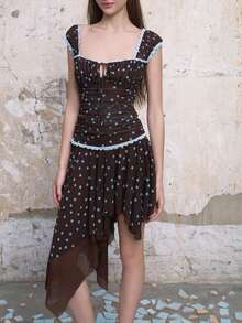 Top Dazzle Women's Bohemian Brown Polka Dot Skirt, Semi-Sheer Back Square Neck T-Shirt Dress, Fashionable Style - Coffee - View 5