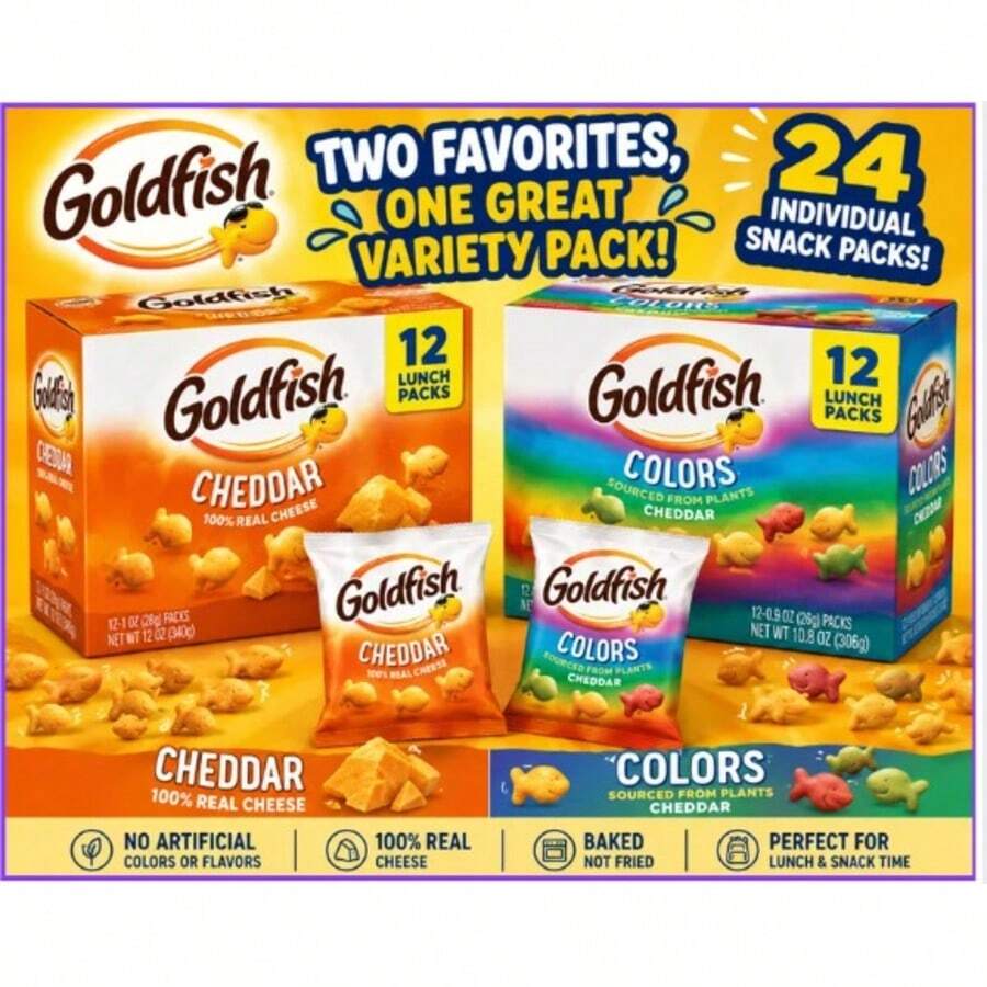 Tic Tac Goldfish Crackers Variety Pack, Colors & Cheddar Cheese Baked Crackers, 12 Snack Bags Each Variety, 24 Individual Snack Packs Total - Cheddar Cheese - View 1