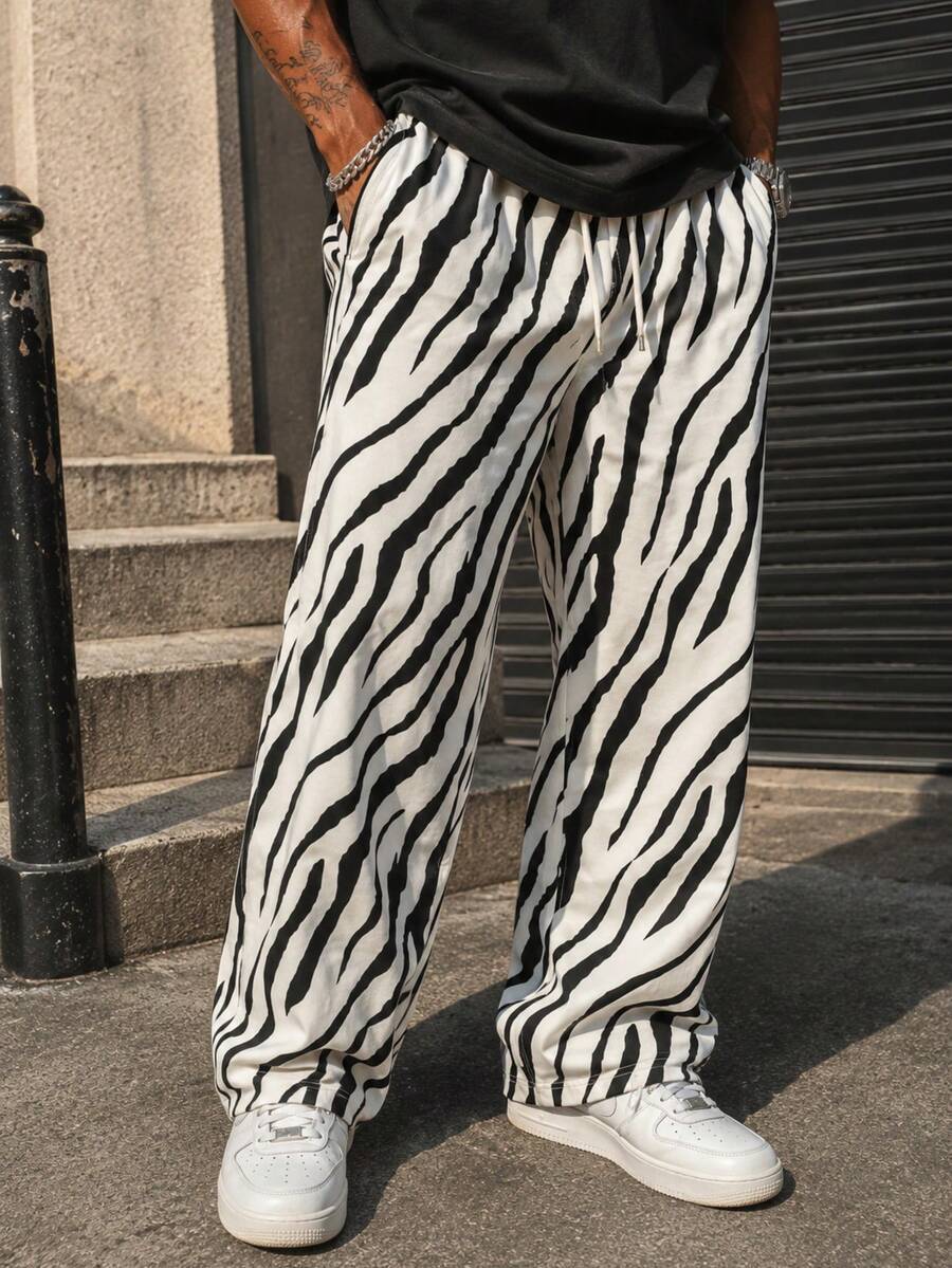 Men's Elastic Waist Zebra Print Casual Pants, Loose Lazy Wide Leg Long Trousers For Spring, Autumn And Summer - Black - View 1