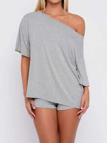 Women Summer Pajama Set Solid Color Off Shoulder Short Sleeve Tops And Mini Shorts 2 Piece Lounge Outfit - Grey - View 2