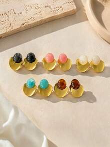VJS 1 Pair Vintage French Style Resin Round Bead Stud Earrings, Color-Block Half-Circle Metal Patchwork Design, Women's Daily Commute, Date, Party Earrings - Resin Ball Stud Earrings - View 4
