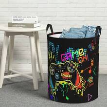 1pc Neon Game Controller Print Foldable Laundry Basket With Handle, Dirty Clothes Storage Bin, Multi-Functional Storage Box, Suitable For Gamer Bedroom, Game Room, Bathroom And Home Storage - Multicolor - View 4