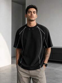 Blueprint Man 1pc Men's Black Waffle Knit Texture Contrast Stitch Rivet Short Sleeve T-Shirt, Loose Slimming Design, American Street Casual Style, Daily Summer - Black - View 2