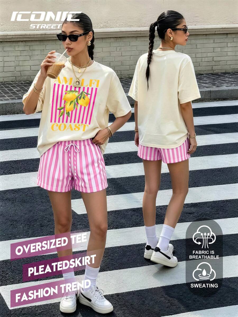 Setelan Kaos dan Celana Pendek Bergaris Motif Lemon Kasual Musim Panas untuk Wanita Ukuran Besar yang Elegan - MultiWarna - View 1