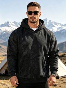 Men's Solid Color Drop Shoulder Long Sleeve Casual Pocket Hoodie, Autumn/Winter - Multicolor - View 3