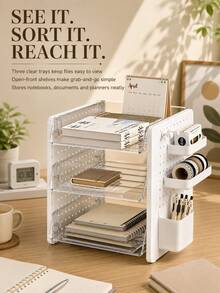 1 buah Organizer File Meja Multi-Layer, Rak Penyimpanan Dokumen Papan Berlubang yang Dapat Disesuaikan dengan Baki Tarik Transparan dan Tempat Pena Samping, Kotak Penyimpanan Alat Tulis, Buku, Perlengkapan Kantor, Cocok untuk Asrama Mahasiswa dan Kantor - MultiWarna - View 2