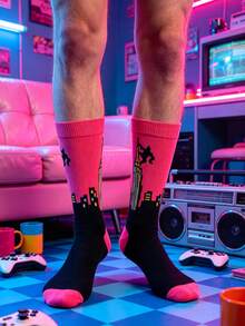 1/2 Pairs American Vintage Printed Mid-Calf Socks, Personalized Streetwear Men's Casual Long Socks, Y2K Neon Creative Cartoon Socks, Versatile Fashion Mid-Calf Slouch Socks - Multicolor - View 6