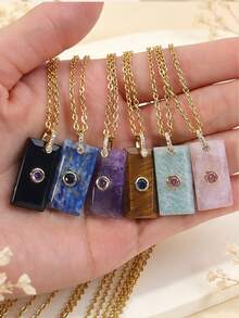 1pc Women's Amethyst Necklace Crystal Rectangle Pendant With Zirconia Natural Stone Stainless Steel Chain Fashion Jewelry H936 - Necklace - View 3