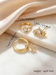 3pcs Cubic Zirconia Star Pendant Earrings Set, Suitable For Women's Dating, Party, Music Festival - Yellow Gold - View 2