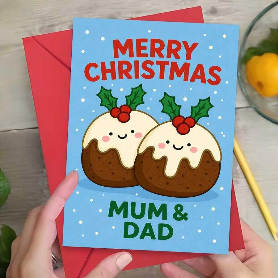 1 Greeting Card + 1 Envelope Adorable Christmas Greeting Card, Cute Pudding Couple Design Merry Christmas, Perfect For Parents, Festive Holiday Cartoon Style Card.