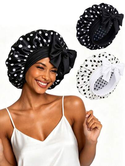 CONFLASS Polka Dot Satin Hair Bonnet With Big Bow, Single‑Layer Elastic Sleep Cap For Women, Curly Hair Protection Hat Back To School