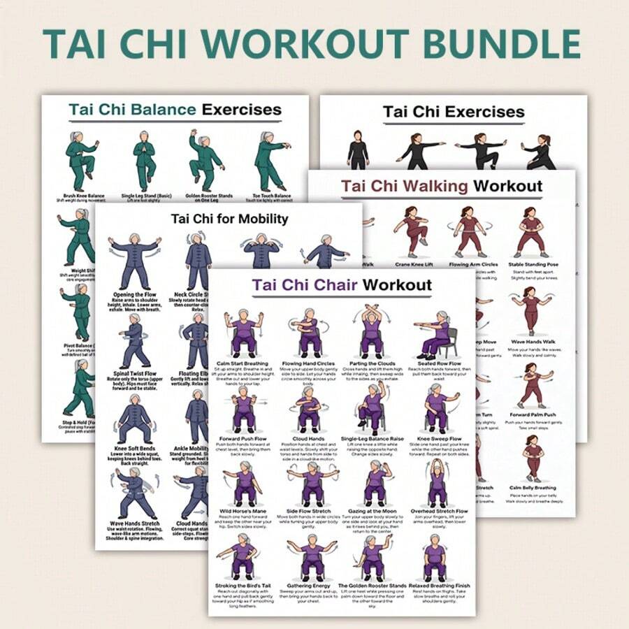 5pcs Tai Chi Exercise Poster Set, 20.32X25.4cm, Balance And Flexibility Workout Charts, Seated Chair Tai Chi And Walking Guide, Home Gym Wall Decor, Tutorial Fitness Art Prints - Multicolor - View 1