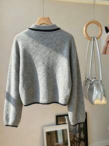 1pc Vintage Colorblock Collared Button Pullover Sweater, Slouchy Premium Soft Loose Knit Top For Women - Grey - View 2