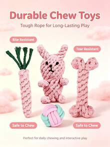 Pink Cotton Rope Dog Chew Toy Set, Durable Bite-Resistant Teething Toys, Interactive Knotted Rope Bone Rabbit Carrot Ball Toys, Suitable For Small And Medium Puppies Teeth Cleaning - Multicolor - View 11