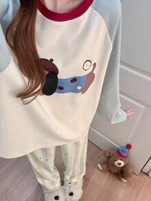2pcs Women's Pajama Set, Pullover Round Neck Puppy Print Cute Childlike Long Sleeve Pants, Comfortable For Home Wear - Multicolor - View 11