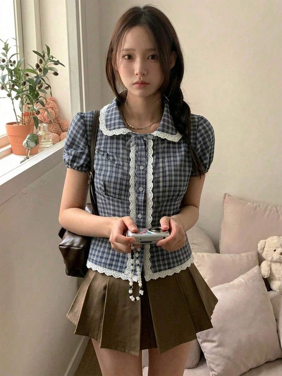 女款格紋花卉刺繡單排扣休閒百搭日常穿著襯衫 夏季