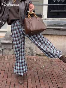 VIBEWAVE Women's Spring/Autumn Casual Retro Plaid Wide Leg Pants With Elastic Waist, Loose Drapey Floor-Length Trousers For Daily Wear - Multicolor - View 3