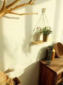 Bohemian Woven Hanging Shelf, Bohemian Style Rope Woven Floating Wall Shelf, Beaded Woven Hanging Flower Rack, Handmade Rope Woven Wall Hanging Storage Rack, Bohemian Decorative Hanging Shelf, Minimalist Rope Woven Wall Storage Rack, Bedroom Style - Multicolor - View 7