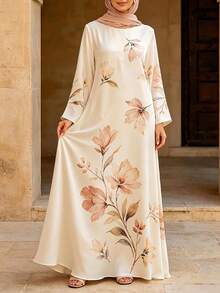 Elegant Women's Long Printed Abaya Dress, Round Neck, Regular Sleeves, Autumn Non-Stretch Knit Fabric - Multicolor - View 4