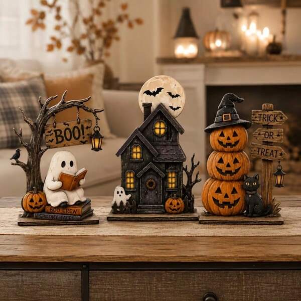 3pcs Vintage Halloween Wooden Indoor Decor, Autumn Decoration, Vintage Wooden Blocks, Suitable For Shelf Decoration, Includes Ghost, Black Cat, Pumpkin Elements, Ideal Gift For Halloween