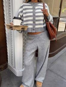 FOR BEAUTY Women's Y2K Elegant Cute Grey & White Striped Button-Up Short Knit Cardigan With Wide-Leg Pants Set, Basic Casual Vacation Style, Autumn/Winter - Gray and White - View 1
