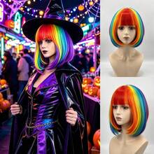 Fashionable 14 Inch Burgundy Short Bob Wig With Straight Bangs, Smooth And Vibrant Women's Short Hair, Basic Style, Adjustable Breathable Inner Cap, Synthetic Fiber Wig, Comfortable And Breathable, Easy To Style, Suitable For Cosplay, Party And Daily Wear, Perfect For Halloween Events - Multicolor - View 2