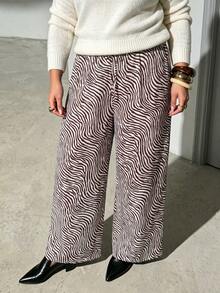 Celana Panjang Ukuran Besar Motif Pusaran Abstrak Kaki Lebar, Celana Panjang Gaya Retro Chic dengan Tali Serut dan Pinggang Elastis, Longgar dan Melangsingkan, Pakaian Kasual Sehari-hari untuk Musim Gugur - MultiWarna - View 4