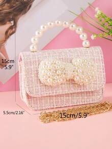 1pc Mini Kids Oversized Pearl Bow Decor Striped PU Material Flap Closure Fashion Beaded Handbag Metal Chain Shoulder Crossbody Bag Girls Portable Coin Snack Pouch Suitable For Daily And Holiday Use - Pink - View 2