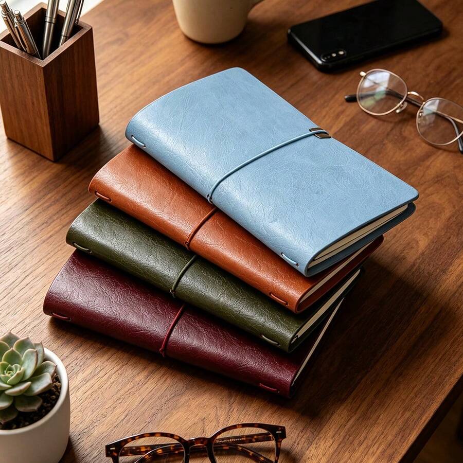 A6 PU Leather Budget Binder Notebook, 3‑Set Inner Pages Total 200 Pages Refillable Loose‑Leaf Travel Journal, Elastic Band Closure, Multi‑Color Portable Work‑Study Daily Planner - Multicolor - View 1