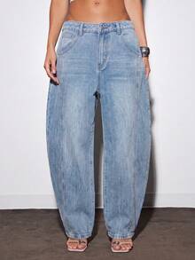 Women's Vintage Washed Denim Curved Leg Pants, Casual Loose Fit Long Pants - Light Wash - View 3