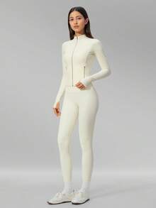 MFVIM Women's Versatile Yoga Set, Soft Skin-Friendly Fitted Jacket + Butt-Lifting Slimming Wide Leg Casual Pants - Creamy White - View 8