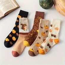 5 Pairs Brown Halloween Pumpkin Squirrel College Anime Style Mid-Calf Socks, Fashionable Cute Comfortable Best Girls Socks - Multicolor - View 7