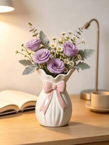 1pc Elegant White Vase With Pink Bow, Wavy Edge Design, Suitable For Fresh Flowers/Dried Flowers, Home Decor, Tabletop Centerpiece, Spring/Summer Aesthetic, Gift For Her, Wedding Table, Bohemian Fashion Style - Multicolor 1 - View 9