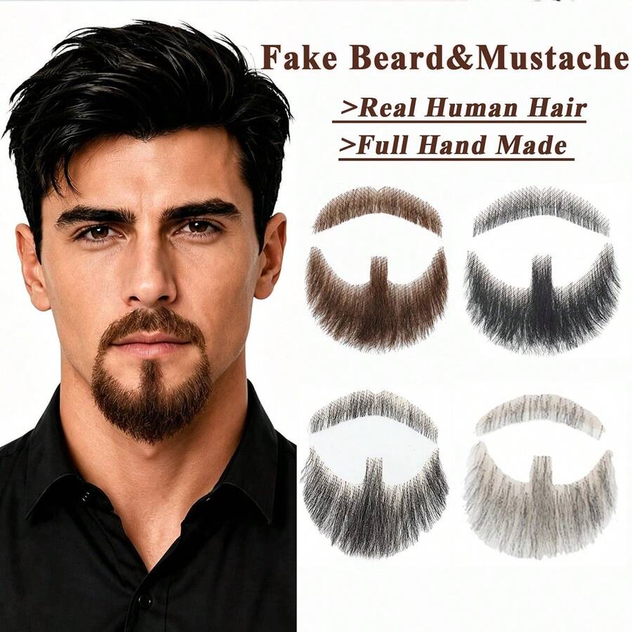 Fake Beard& Mustache, Men's Realistic Invisible Lace False Facial Hair | 100% Human Hair, Hand-Tied On Breathable Lace. Natural Facial Hair For Cosplay, Theater & Daily - Multicolor - View 1