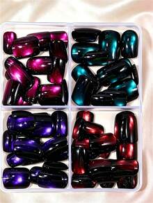96pcs/Box Short Square Glossy Cat Eye Press-On Nails, Deep Red/Purple/Green/Blue Cat Eye Mixed Color Full Coverage Square Cat Eye Nail Stickers - Multicolor - View 6