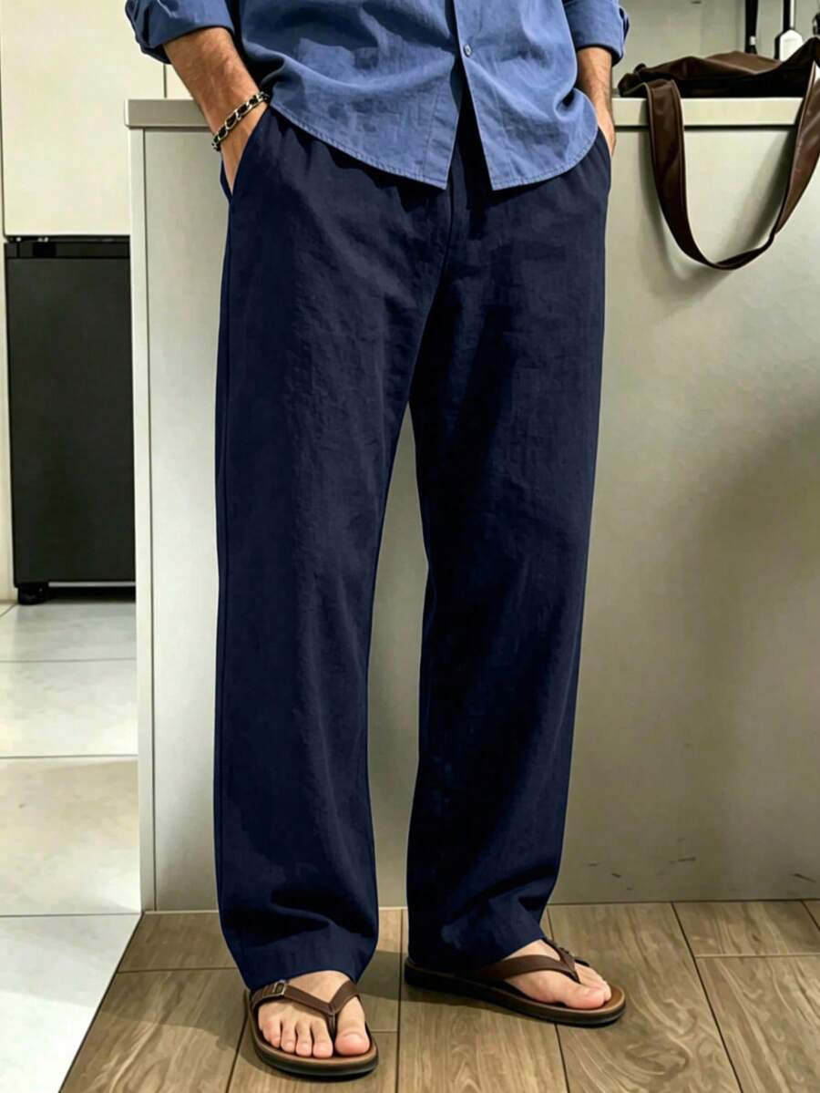 Men's Linen Straight Leg Casual Pants, Spring/Summer Thin Breathable Versatile Solid Color Drawstring Loose Long Pants, Black - Navy Blue - View 1