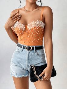 Fashion Vacation Style Handmade Pearl Best-Seller Versatile Fishbone Shaping Camisole Top For Women - Orange - View 3