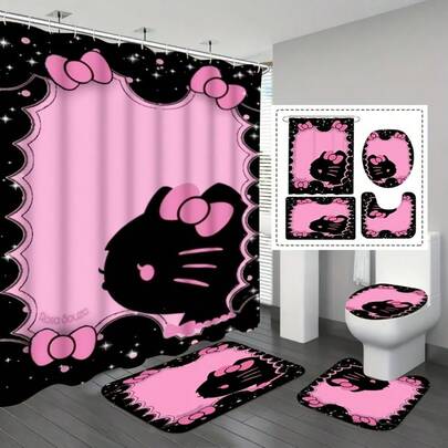 Cartoon Sanrio Family 4-Piece Bathroom Set, Includes Anti-Slip Bath Mat + U-Shaped Mat + Toilet Lid Cover + Shower Curtain, Waterproof, Anti-Slip, Thickened, Quick-Drying, Easy To Clean, Fade-Resistant