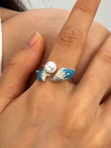 1件裝時尚奢華個性化海洋度假風貝殼星星海龜開口戒指套組，適合女性日常與度假穿著 - 銀色 - 查看 1