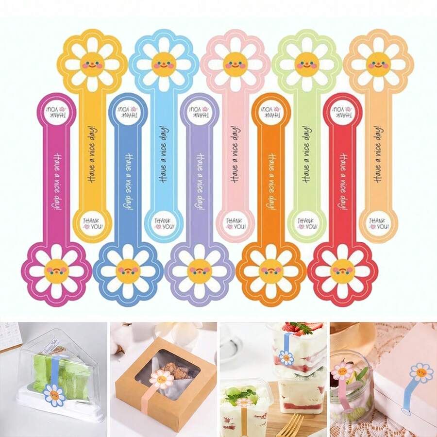 100/200pcs Handmade Lollipop Baking Stickers, Suitable For Cake Boxes/Metal Cans/Jars/Coffee Cups/Bottles, Long Strip Floral Seal Baking Stickers, Self-Adhesive Tamper-Evident Sealing Labels For Gift Packaging - Multicolor - View 1